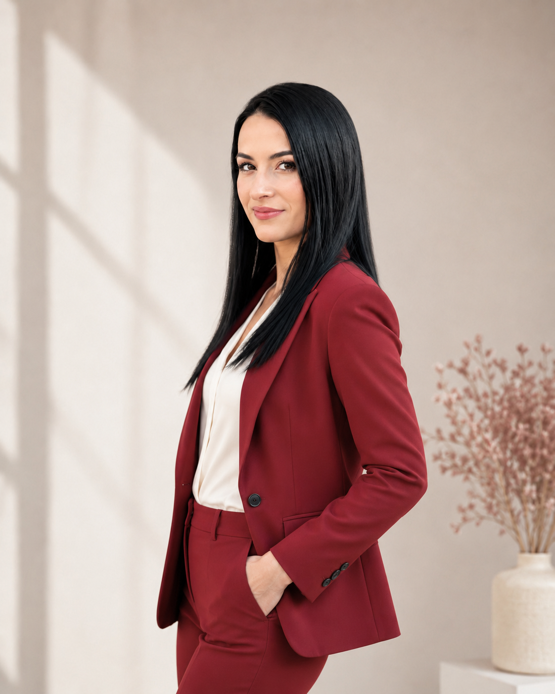 Confident woman entrepreneur in an elegant red suit