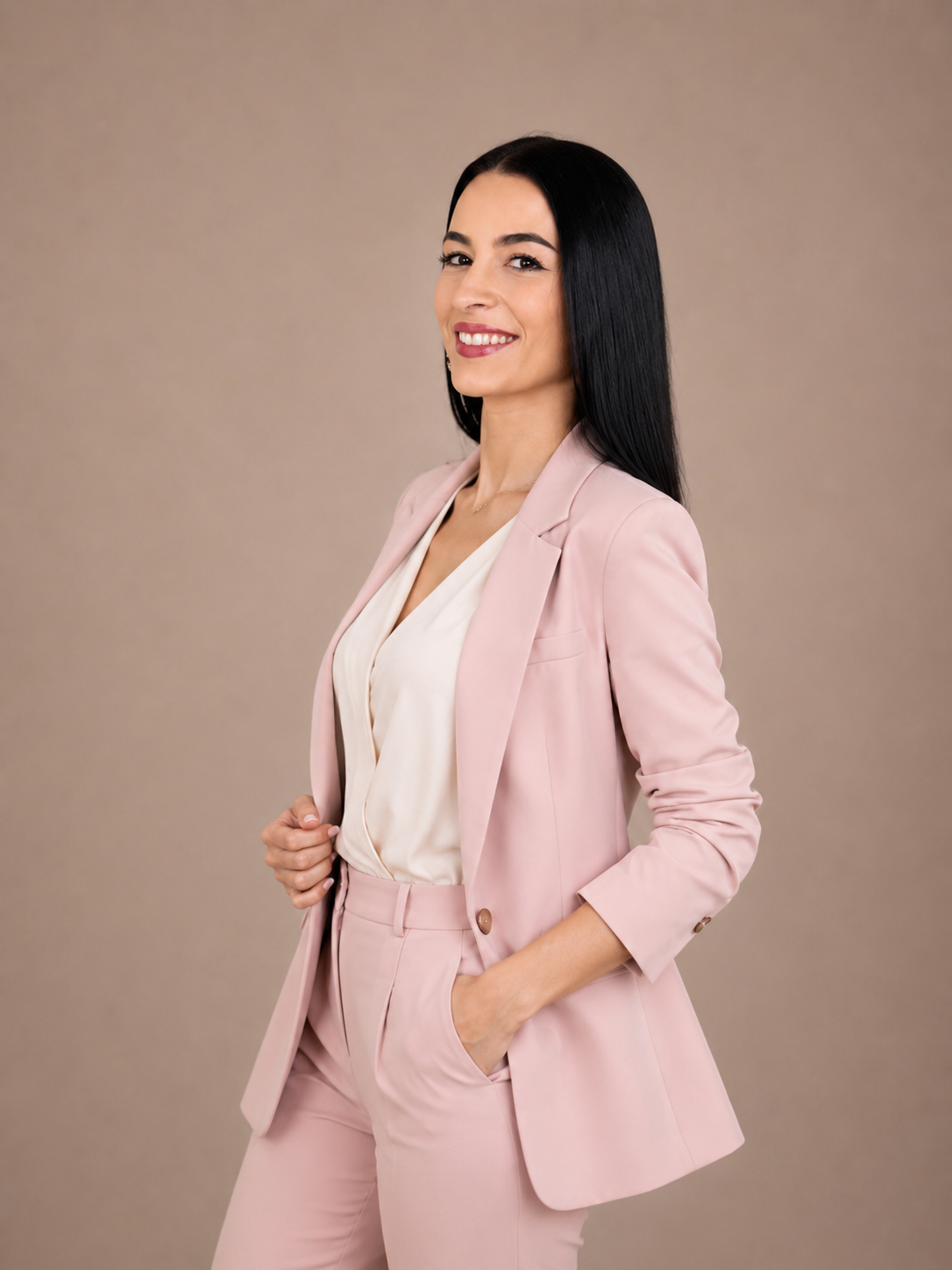 Woman entrepreneur in a blush suit